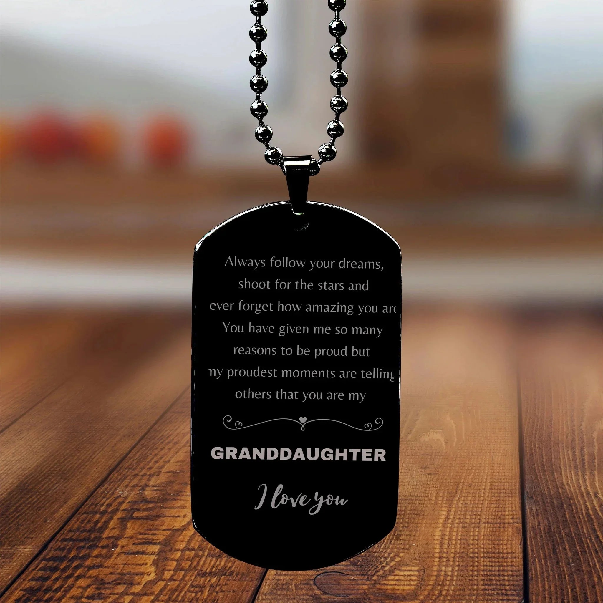 Granddaughter Engraved Black Dog Tag, Motivational Heartfelt Birthday, Christmas Holiday Gifts For Granddaughter, You are Braver than you Believe, Loved More than you Know