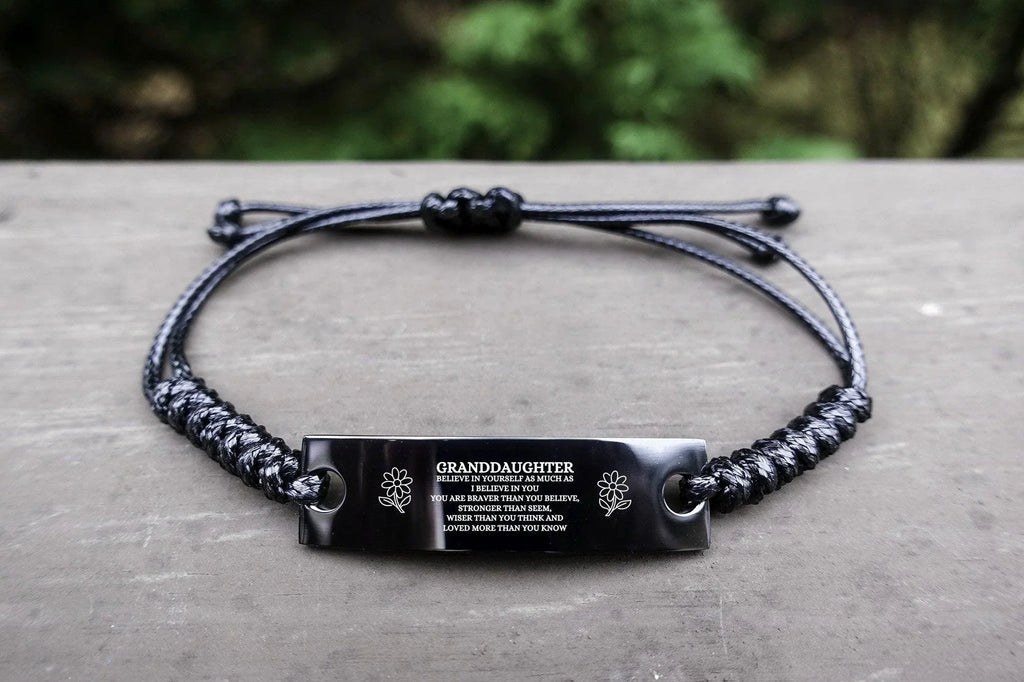 Granddaughter Engraved Black Rope Bracelet, Motivational Heartfelt Birthday, Christmas Holiday Gifts For Granddaughter, You are Braver than you Believe, Loved More than you Know