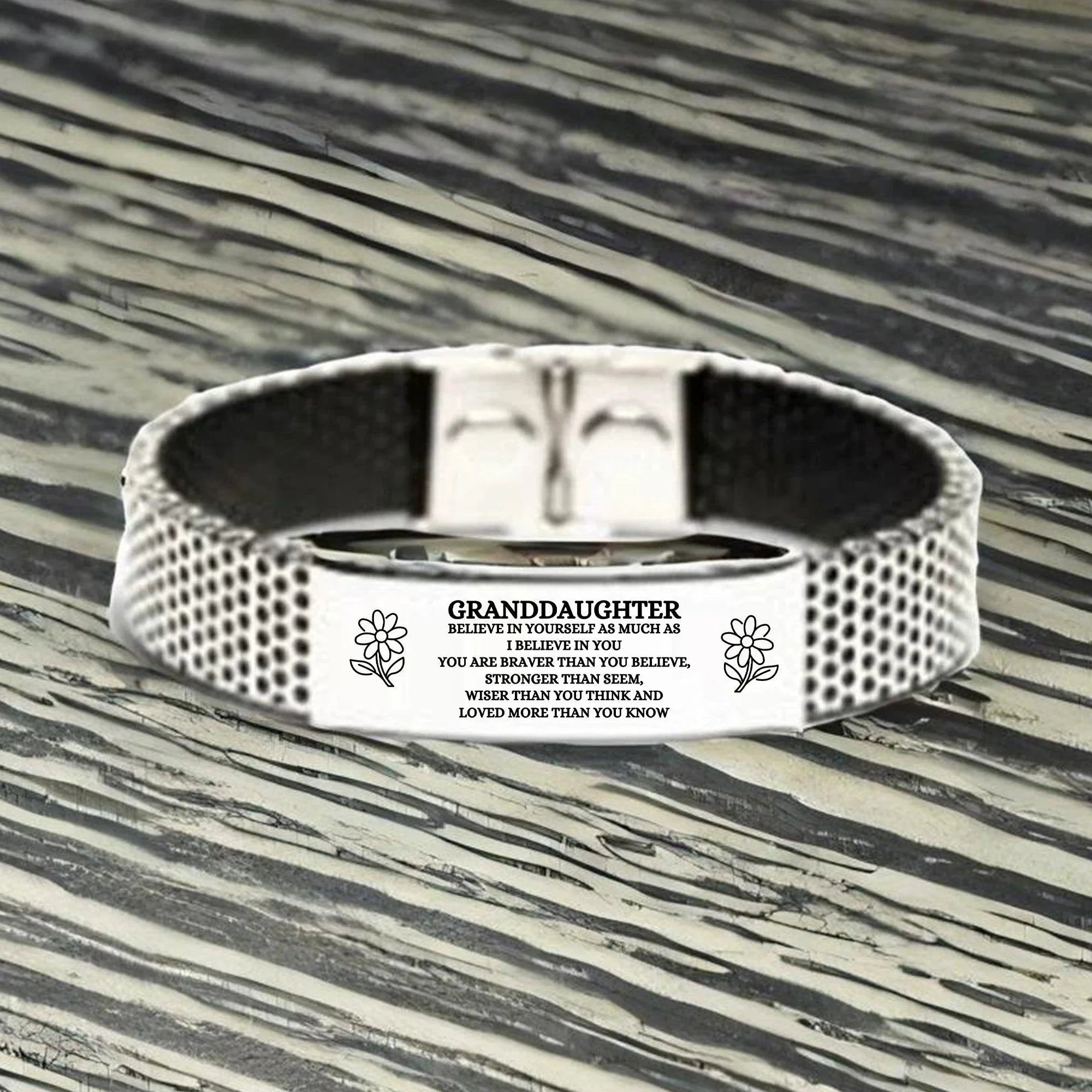 Granddaughter Engraved Stainless Steel Mesh Bracelet, Motivational Birthday, Christmas Holiday Gifts For Granddaughter, You are Braver than you Believe, Loved More than you Know