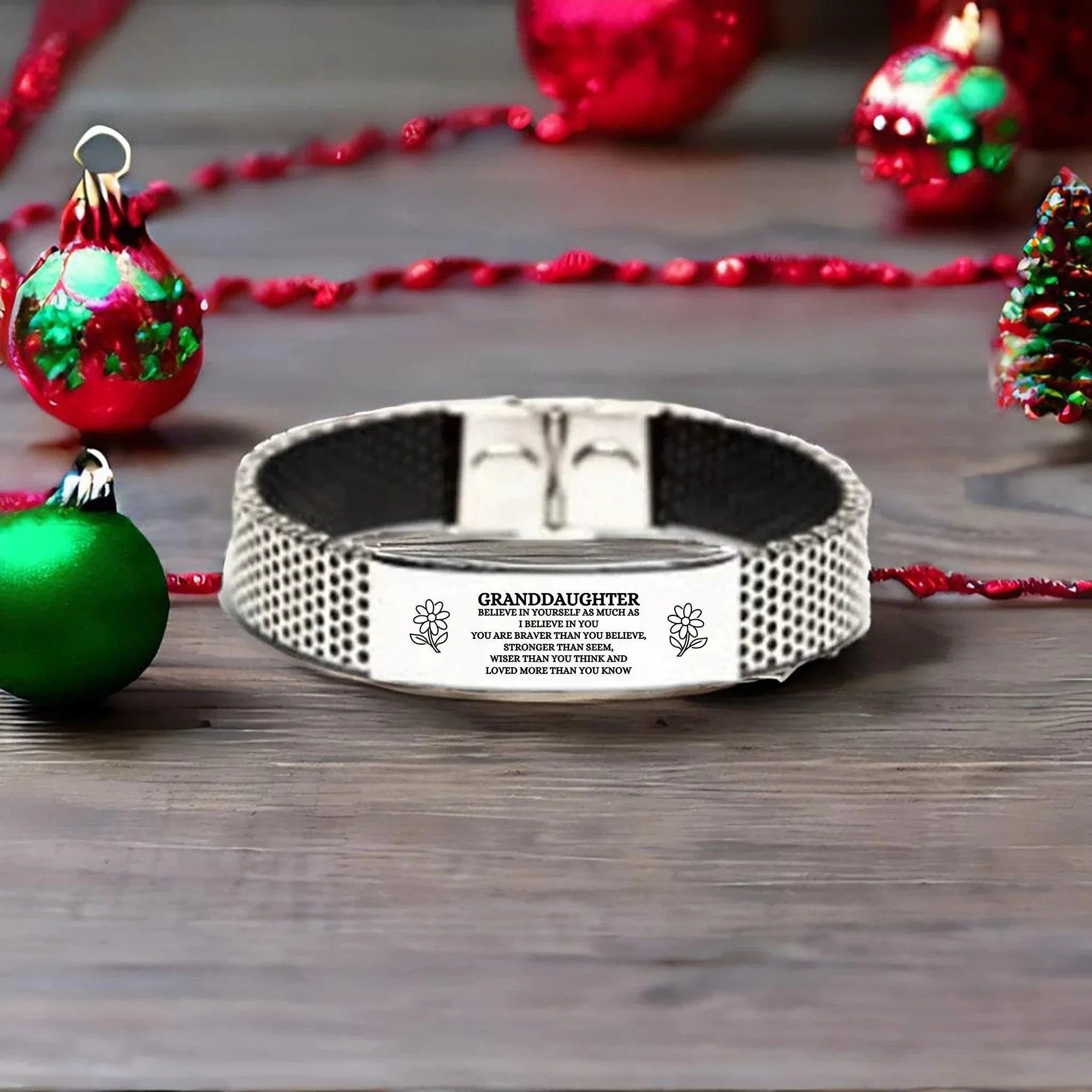 Granddaughter Engraved Stainless Steel Mesh Bracelet, Motivational Birthday, Christmas Holiday Gifts For Granddaughter, You are Braver than you Believe, Loved More than you Know