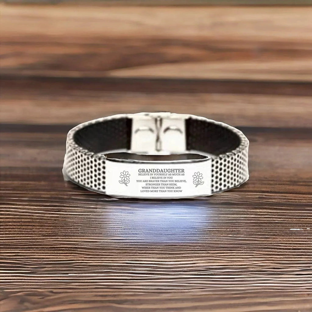 Granddaughter Engraved Stainless Steel Mesh Bracelet, Motivational Birthday, Christmas Holiday Gifts For Granddaughter, You are Braver than you Believe, Loved More than you Know