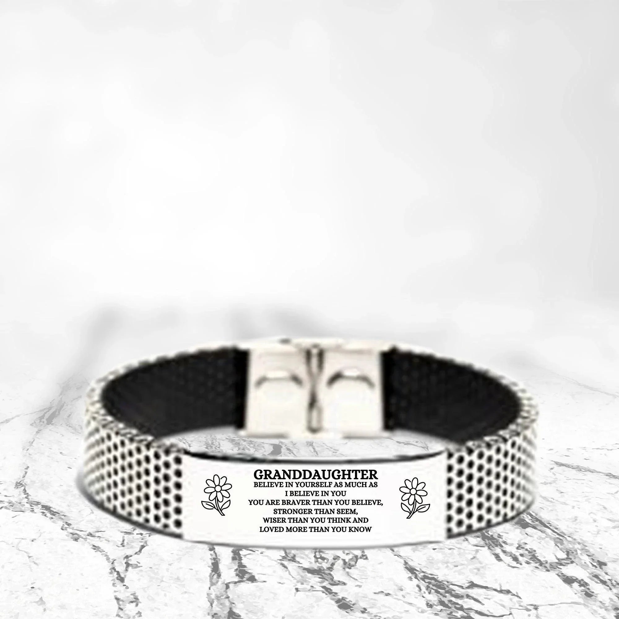 Granddaughter Engraved Stainless Steel Mesh Bracelet, Motivational Birthday, Christmas Holiday Gifts For Granddaughter, You are Braver than you Believe, Loved More than you Know