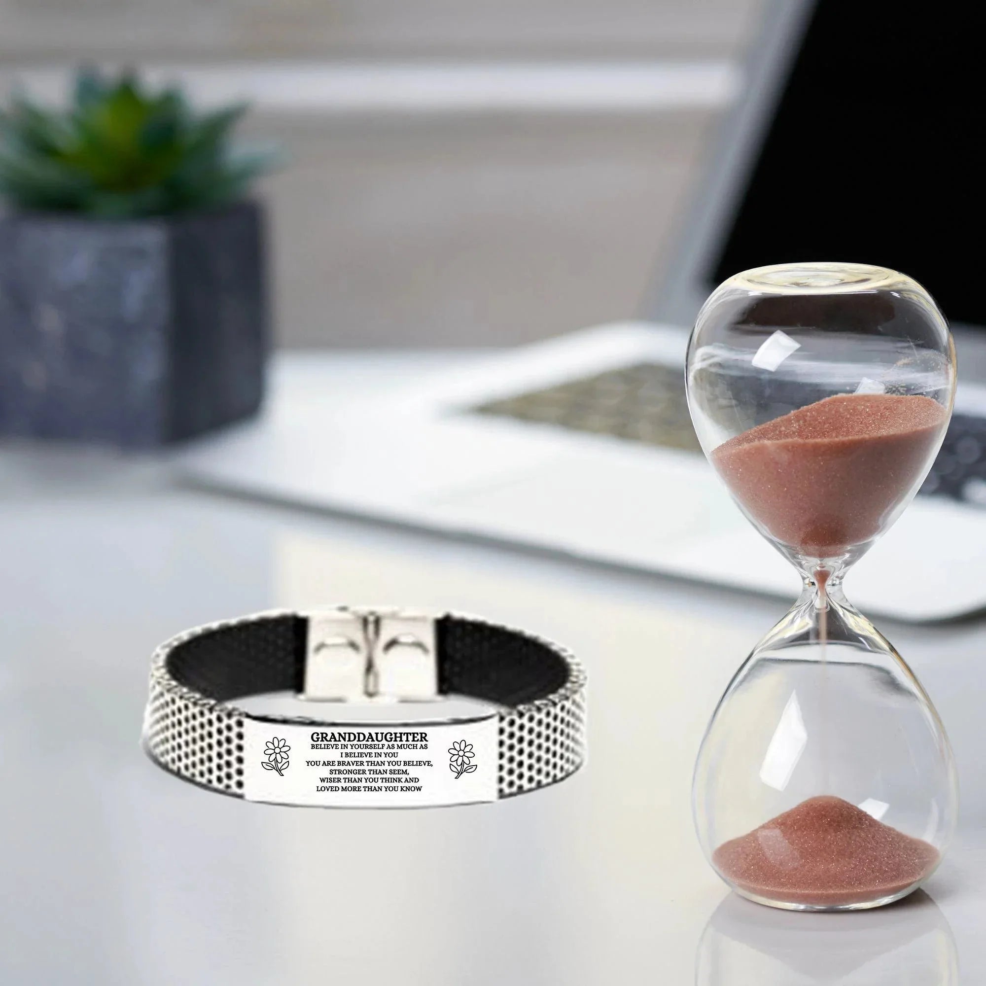 Granddaughter Engraved Stainless Steel Mesh Bracelet, Motivational Birthday, Christmas Holiday Gifts For Granddaughter, You are Braver than you Believe, Loved More than you Know