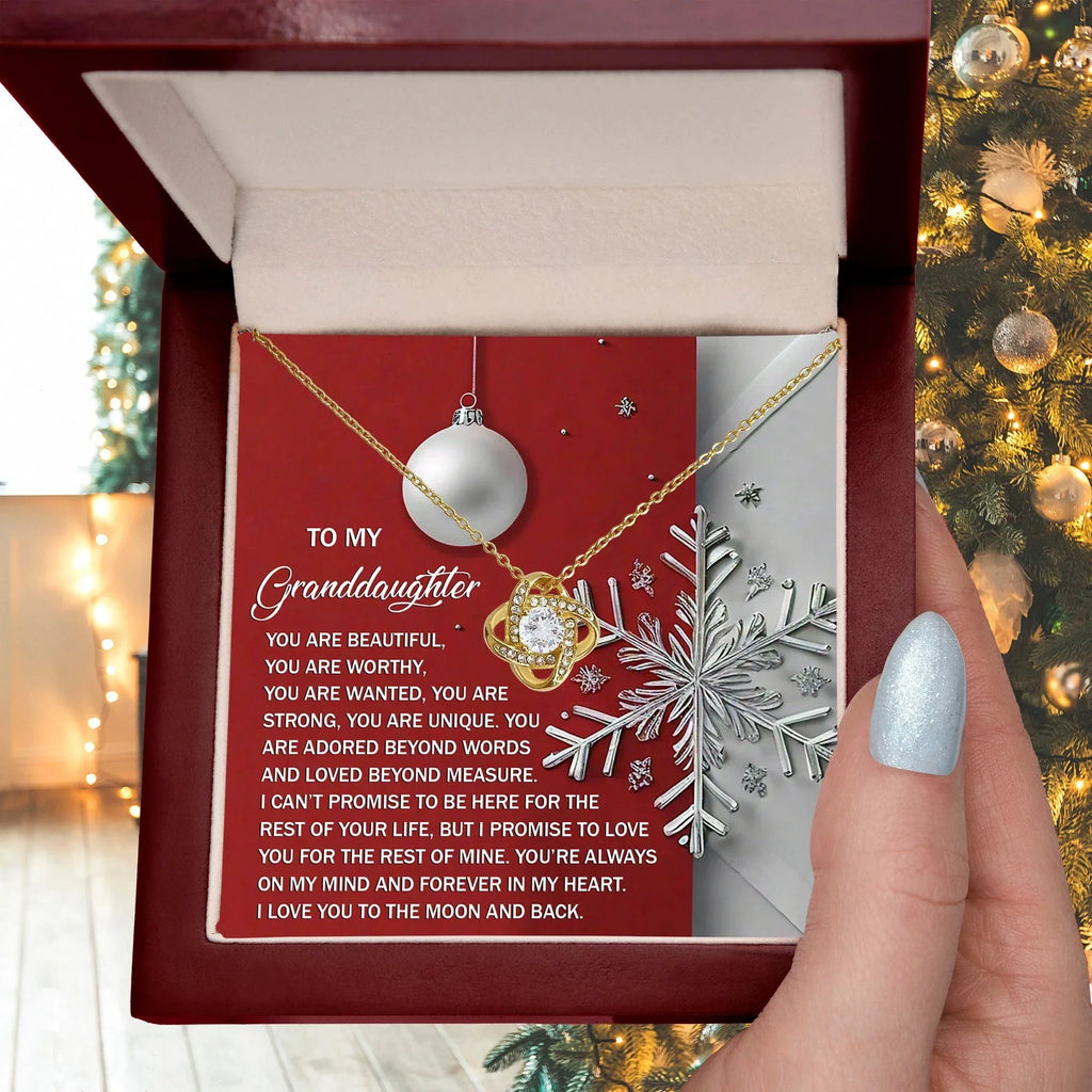 To My Granddaughter – Christmas Love Knot Necklace | “You Are Beautiful, Strong & Loved” Holiday Message Card | Grandparent Gift