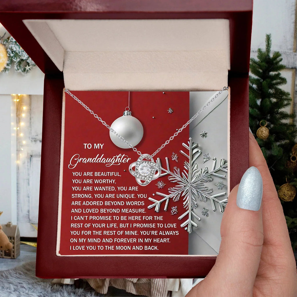 To My Granddaughter – Christmas Love Knot Necklace | “You Are Beautiful, Strong & Loved” Holiday Message Card | Grandparent Gift