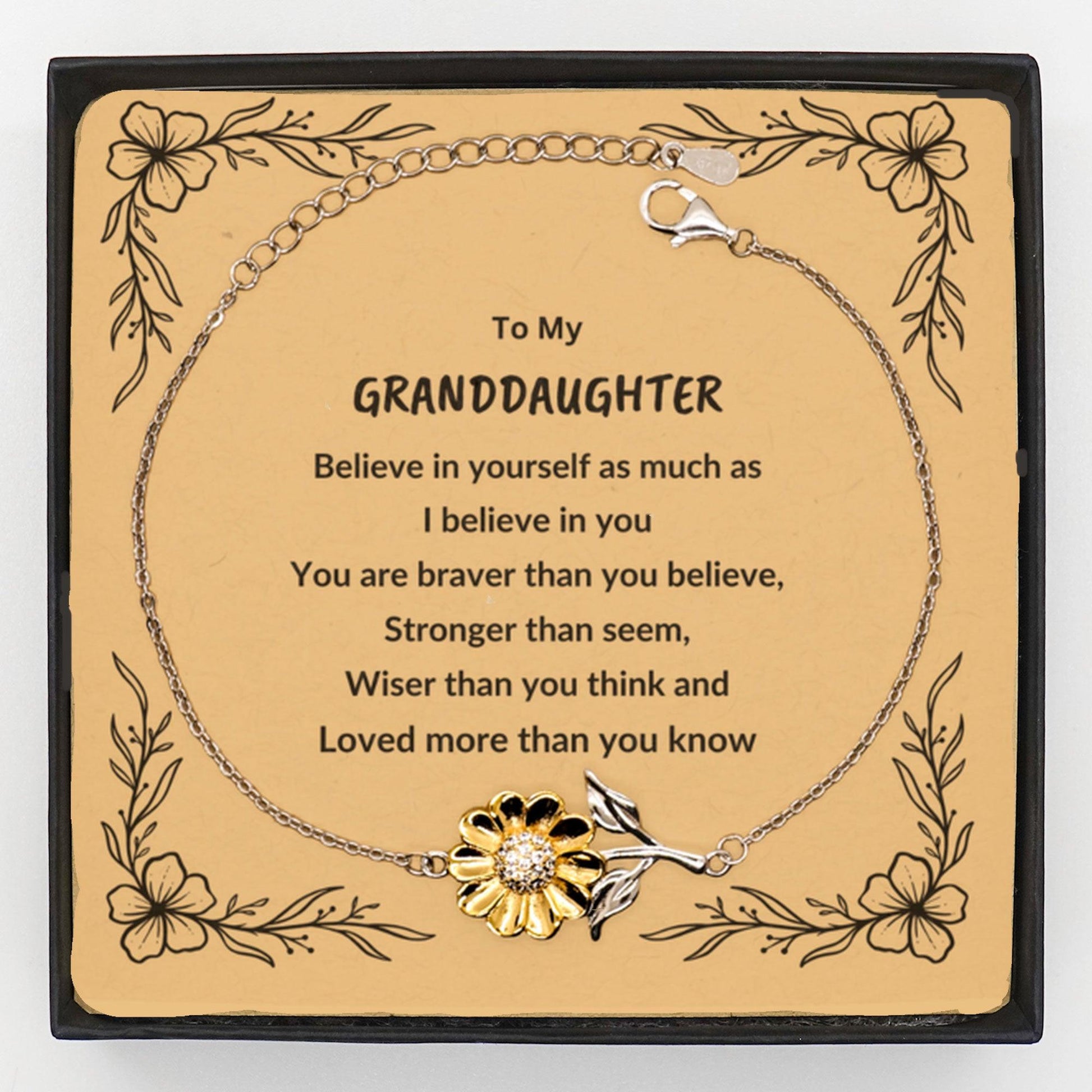 Granddaughter Sunflower Bracelet, Motivational - You are Braver than you Believe, Loved More than you Know - Mallard Moon Gift Shop