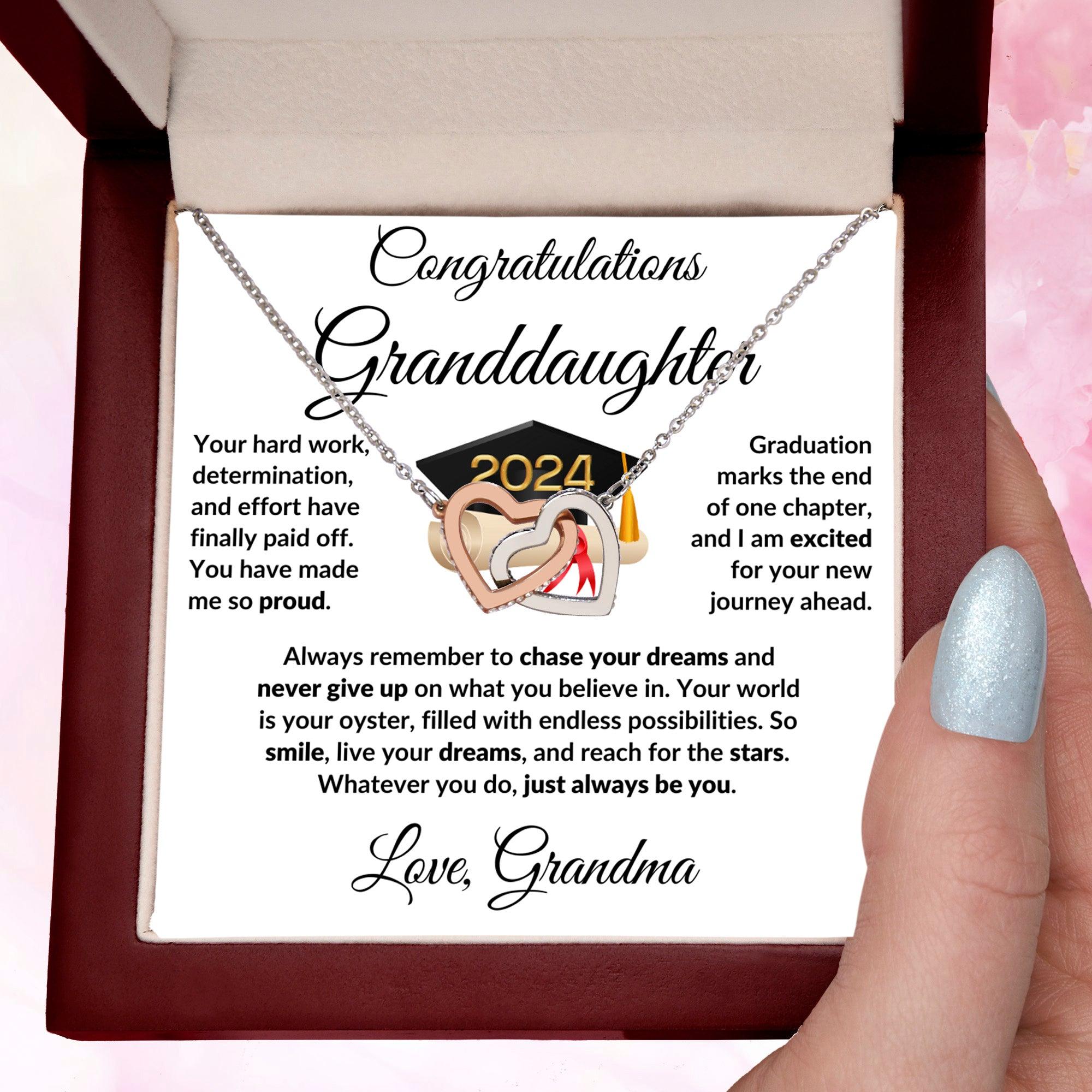 Granddaughter Jewelry Graduation Class of 2024 Personalized Interlocking Hearts Pendant Necklace with Heartfelt Message and Gift Box - Mallard Moon Gift Shop