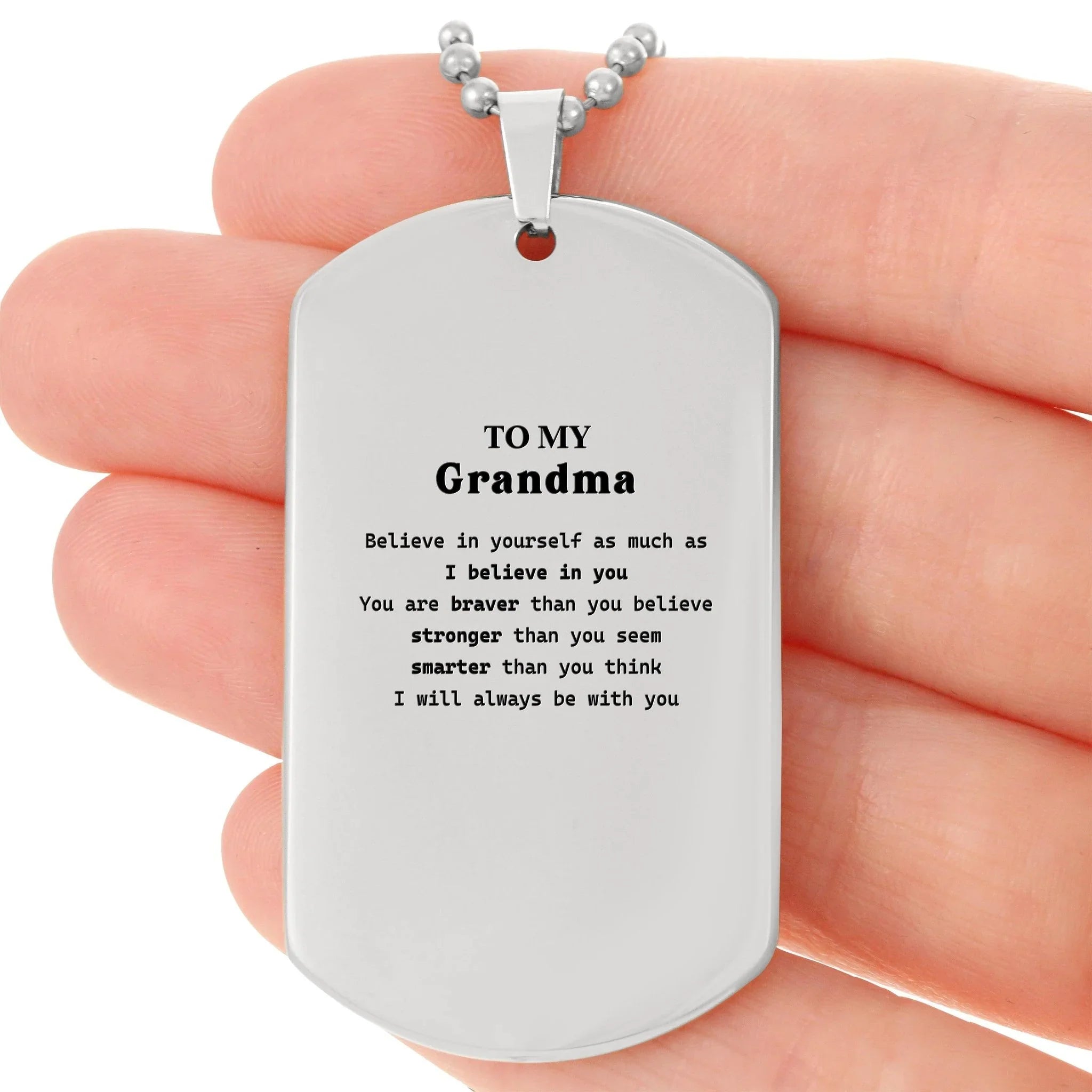 Grandma Silver Dog Tag Engraved Necklace - You are Braver than you Believe, Stronger than you Seem, Inspirational Birthday, Christmas Mother's Day Gifts