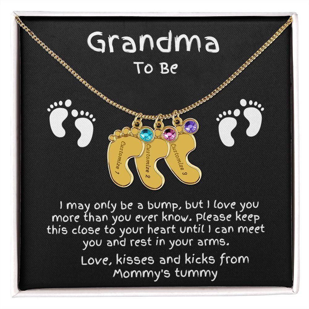 Grandma to Be Baby Feet Engraved Birthstone Charm Necklace