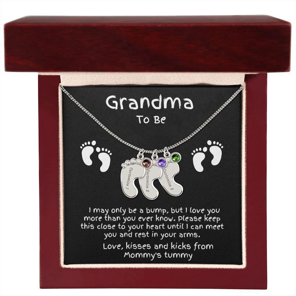 Grandma to Be Baby Feet Engraved Birthstone Charm Necklace