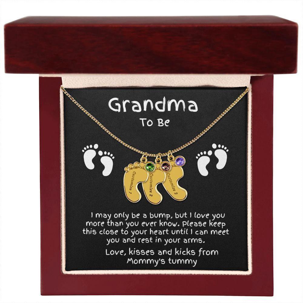 Grandma to Be Baby Feet Engraved Birthstone Charm Necklace