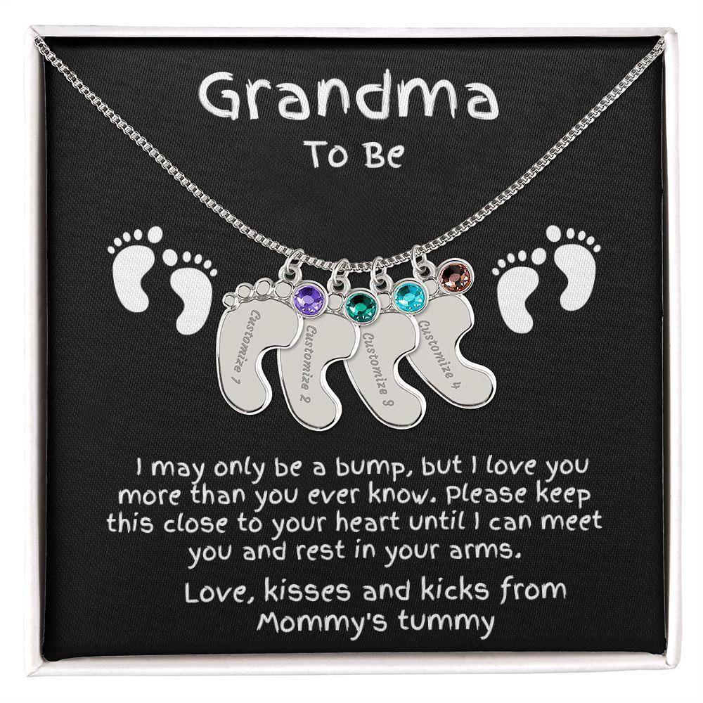 Grandma to Be Baby Feet Engraved Birthstone Charm Necklace