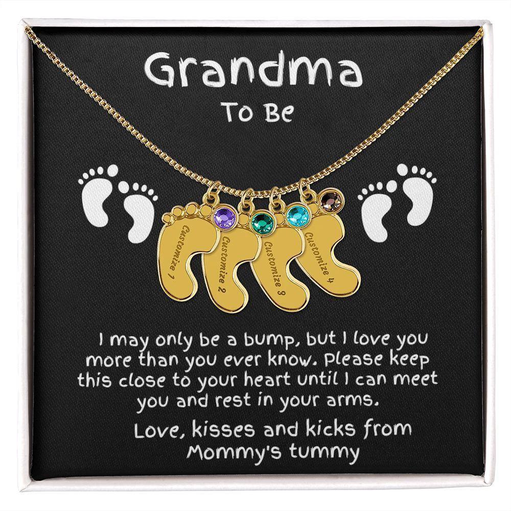Grandma to Be Baby Feet Engraved Birthstone Charm Necklace