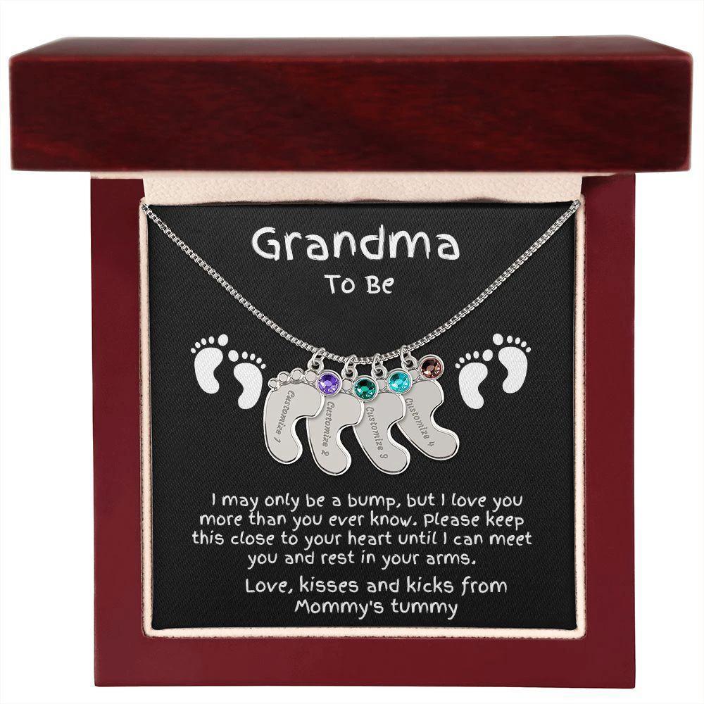 Grandma to Be Baby Feet Engraved Birthstone Charm Necklace