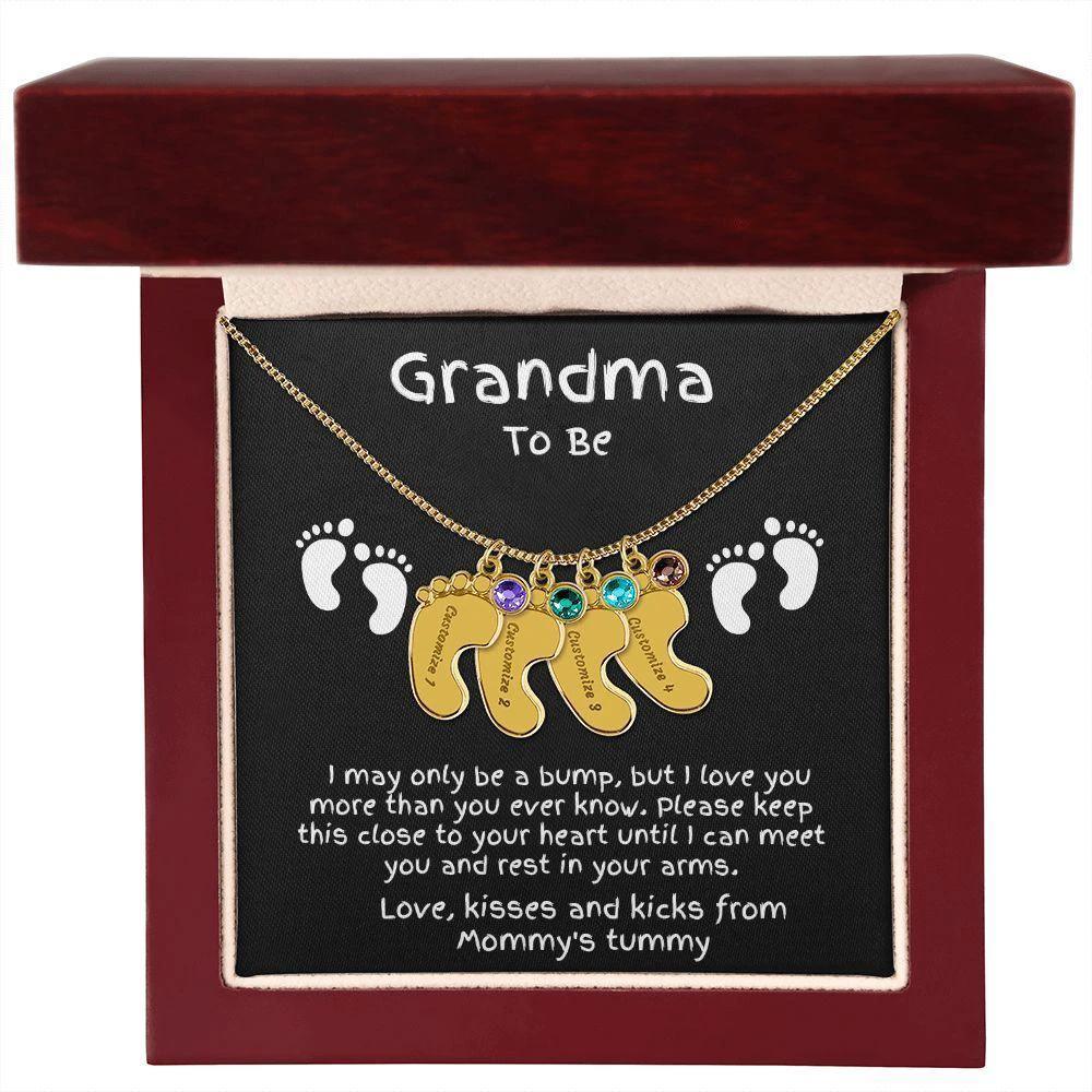 Grandma to Be Baby Feet Engraved Birthstone Charm Necklace