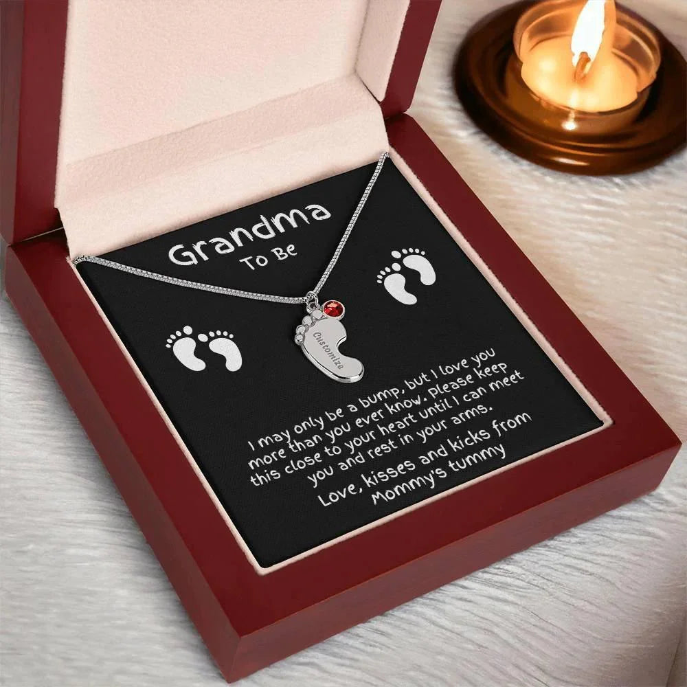 Grandma to Be Baby Feet Engraved Birthstone Charm Necklace