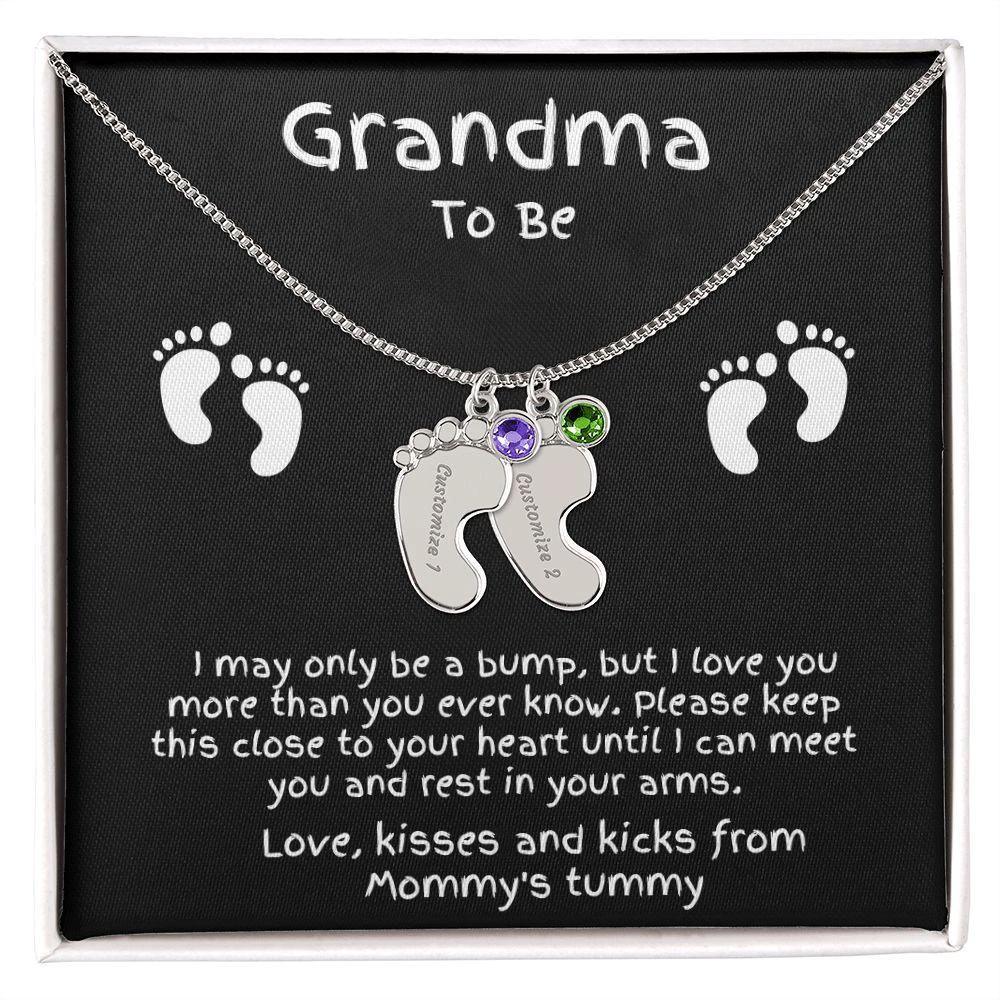 Grandma to Be Baby Feet Engraved Birthstone Charm Necklace