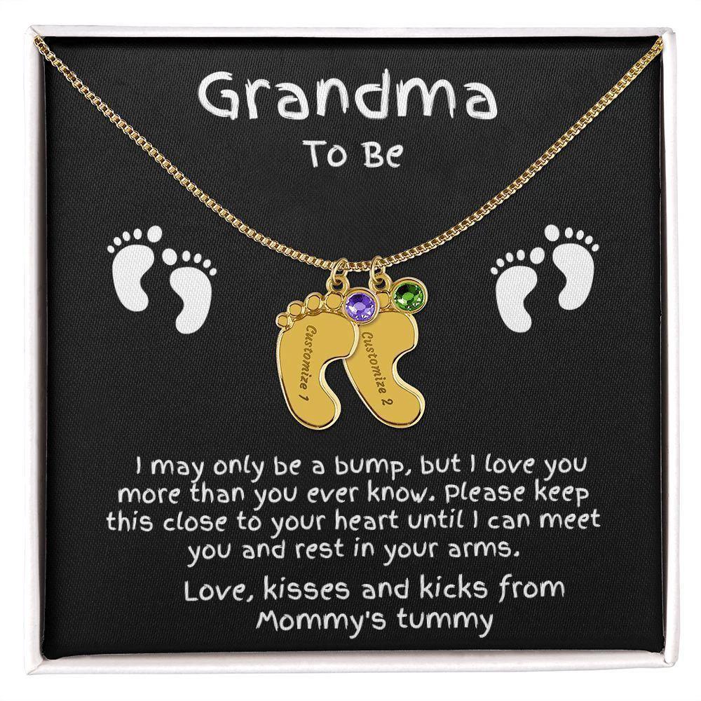 Grandma to Be Baby Feet Engraved Birthstone Charm Necklace