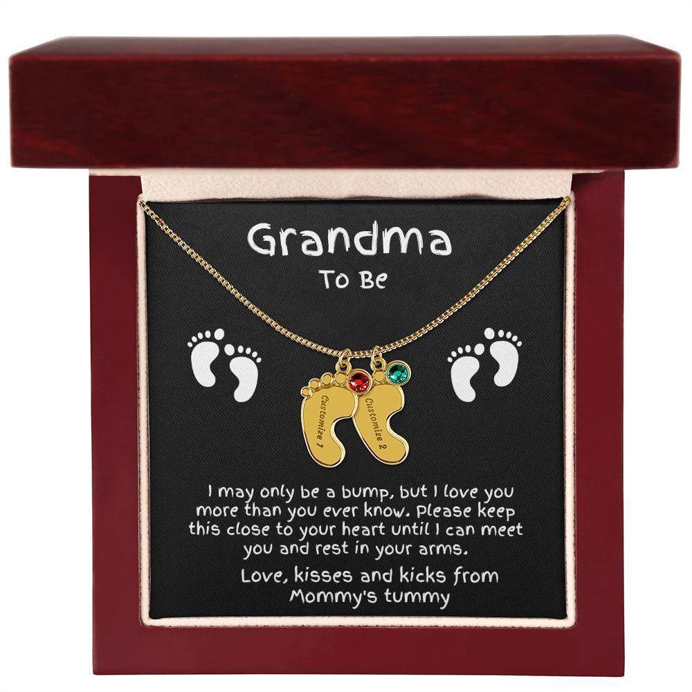 Grandma to Be Baby Feet Engraved Birthstone Charm Necklace