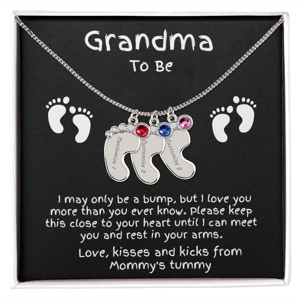 Grandma to Be Baby Feet Engraved Birthstone Charm Necklace