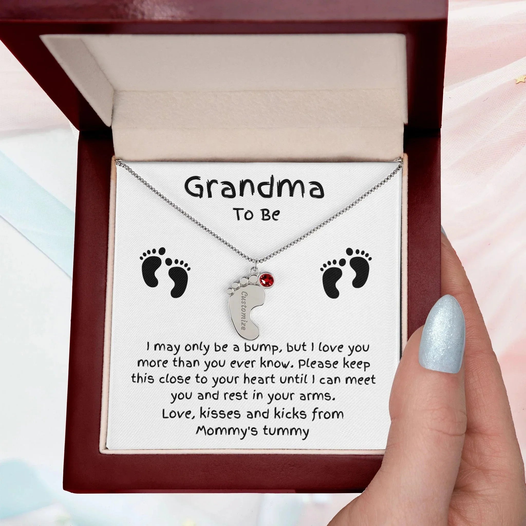 Grandma To Be Custom Engraved Baby Feet Birthstone Necklace