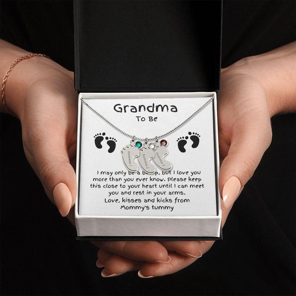 Grandma To Be Custom Engraved Baby Feet Birthstone Necklace