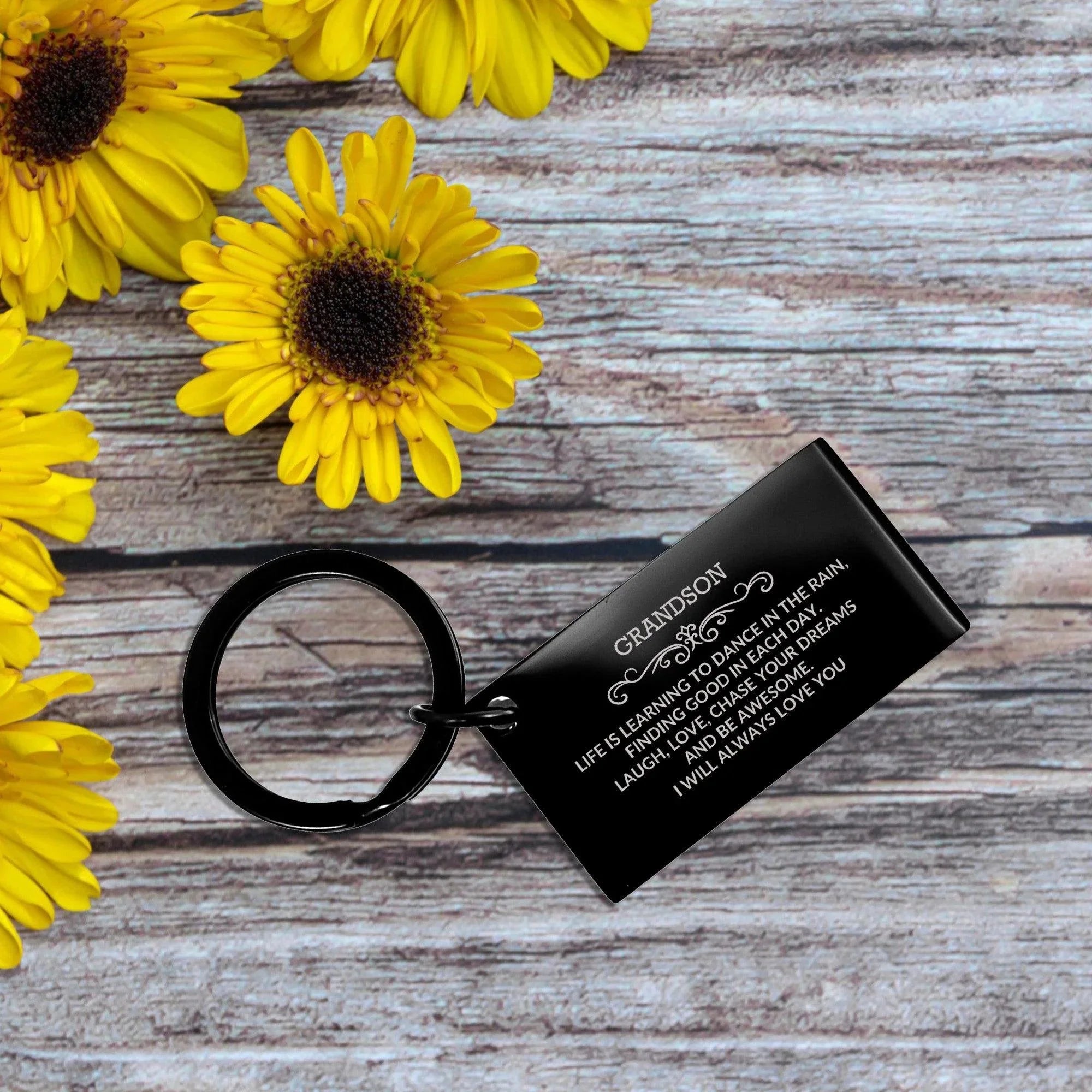 Grandson Black Engraved Keychain, Motivational Heartfelt Birthday, Christmas Gifts Life is Learning to Dance in the Rain