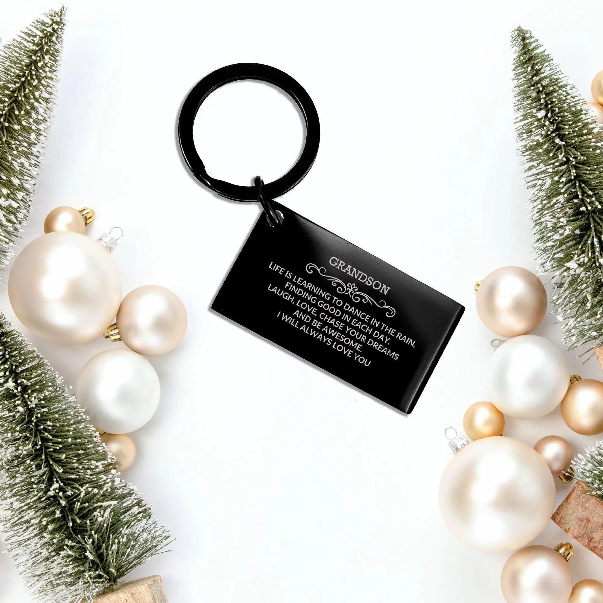 Grandson Black Engraved Keychain, Motivational Heartfelt Birthday, Christmas Gifts Life is Learning to Dance in the Rain