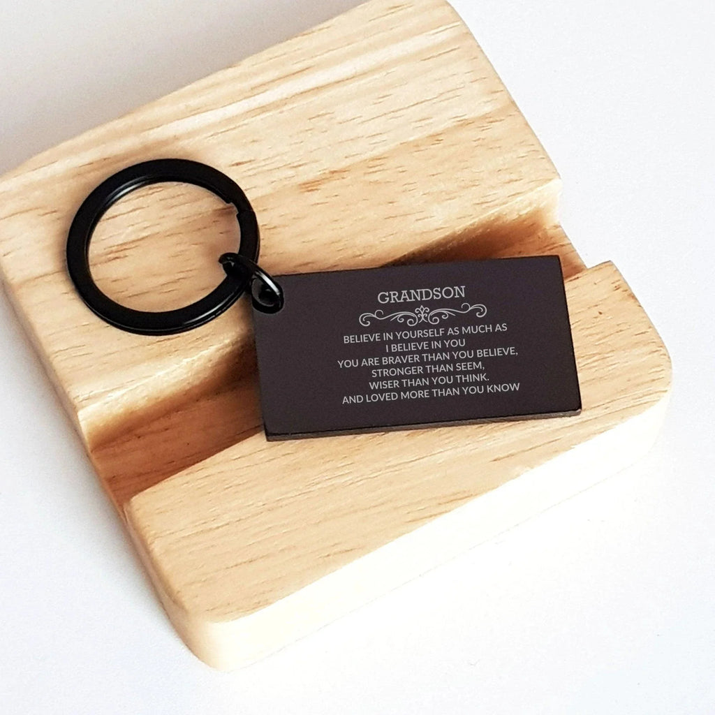 Grandson Black Engraved Keychain, Motivational Heartfelt Birthday, Christmas Holiday Gifts For Grandson, You are Braver than you Believe, Loved More than you Know