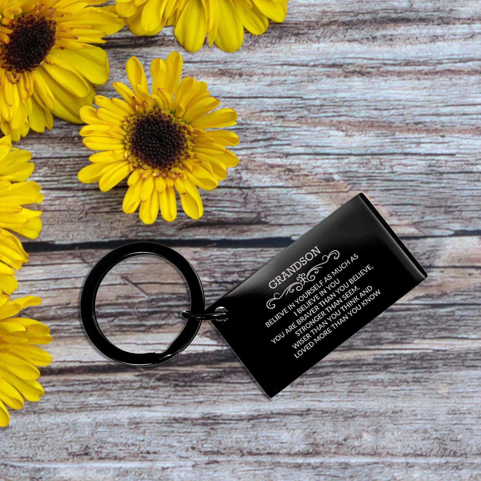 Grandson Black Engraved Keychain, Motivational Heartfelt Birthday, Christmas Holiday Gifts For Grandson, You are Braver than you Believe, Loved More than you Know