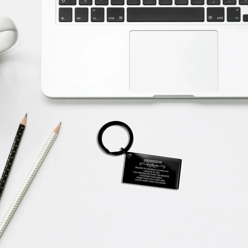 Grandson Black Engraved Keychain, Motivational Heartfelt Birthday, Christmas Holiday Gifts For Grandson, You are Braver than you Believe, Loved More than you Know