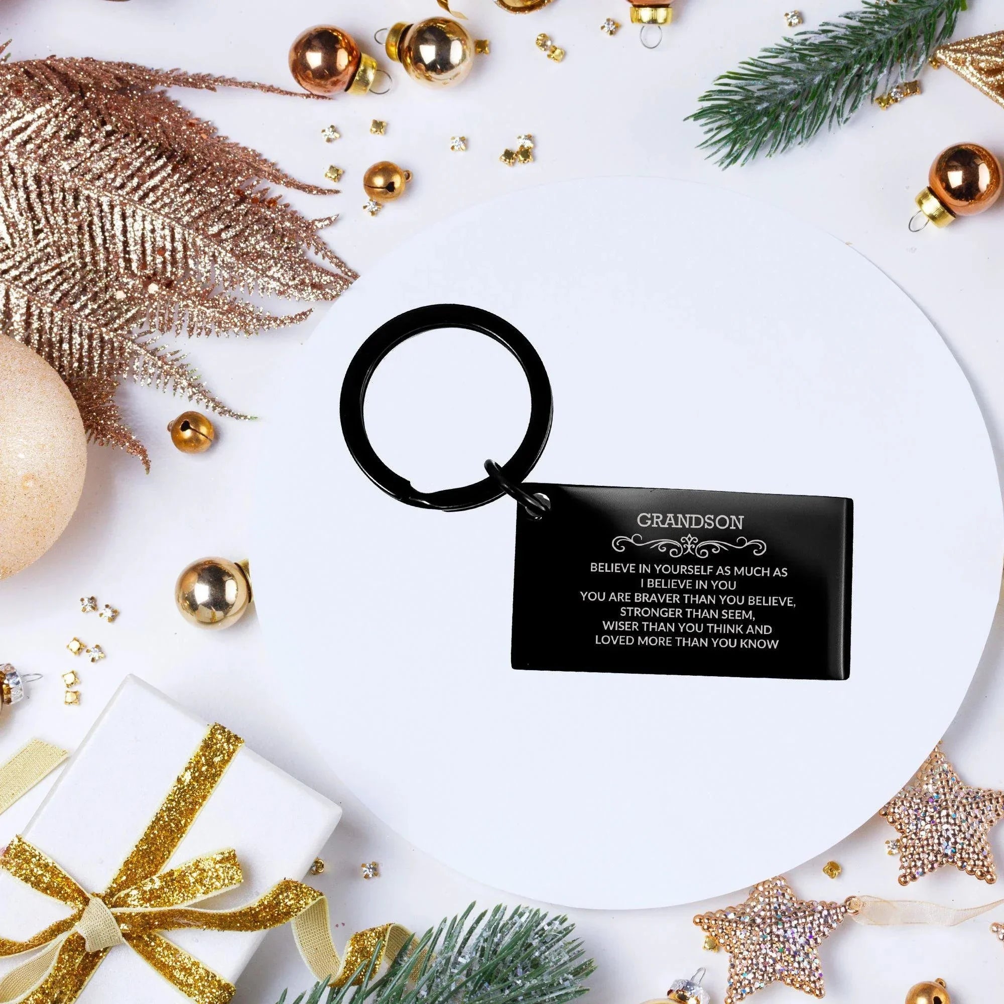 Grandson Black Engraved Keychain, Motivational Heartfelt Birthday, Christmas Holiday Gifts For Grandson, You are Braver than you Believe, Loved More than you Know