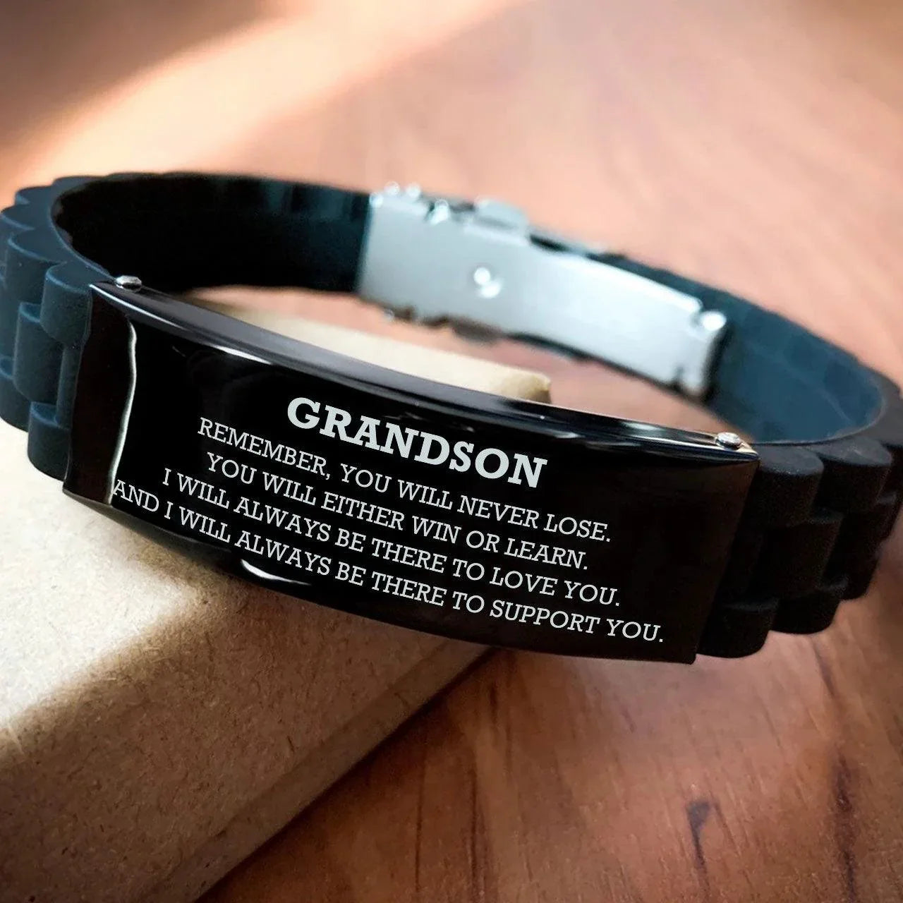 Grandson Black Glide Lock Bracelet, Remember, You Will Never Lose. , Leather Engraved Bracelets for your Grandson, Birthday, or Christmas, Inspirational Gifts Ideas