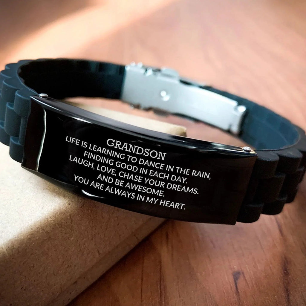 Grandson Engraved Black Glidelock Clasp Bracelet Heartfelt Birthday, Christmas Holiday Gifts Life is Learning to Dance in the Rain