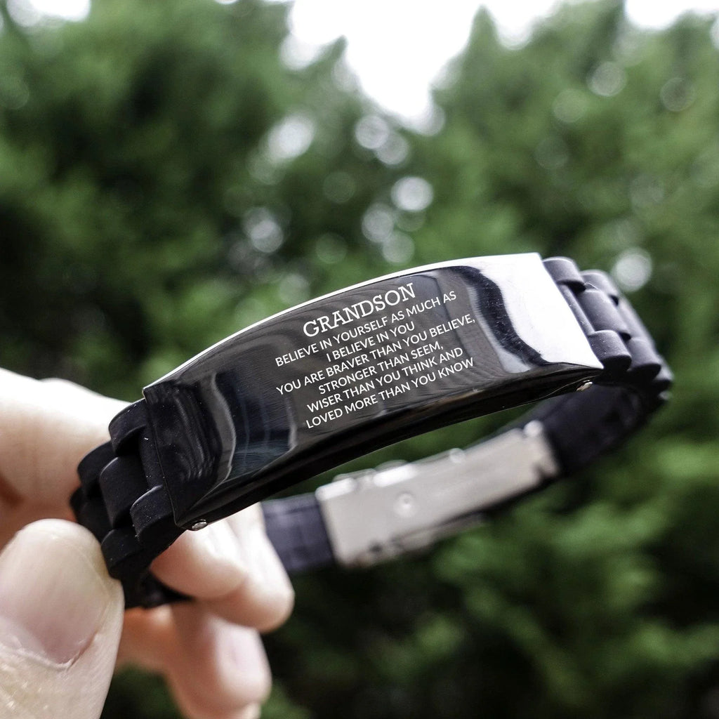 Grandson Engraved Black Glidelock Clasp Bracelet, Motivational Heartfelt Birthday, Christmas Holiday Gifts For Grandson, You are Braver than you Believe, Loved More than you Know