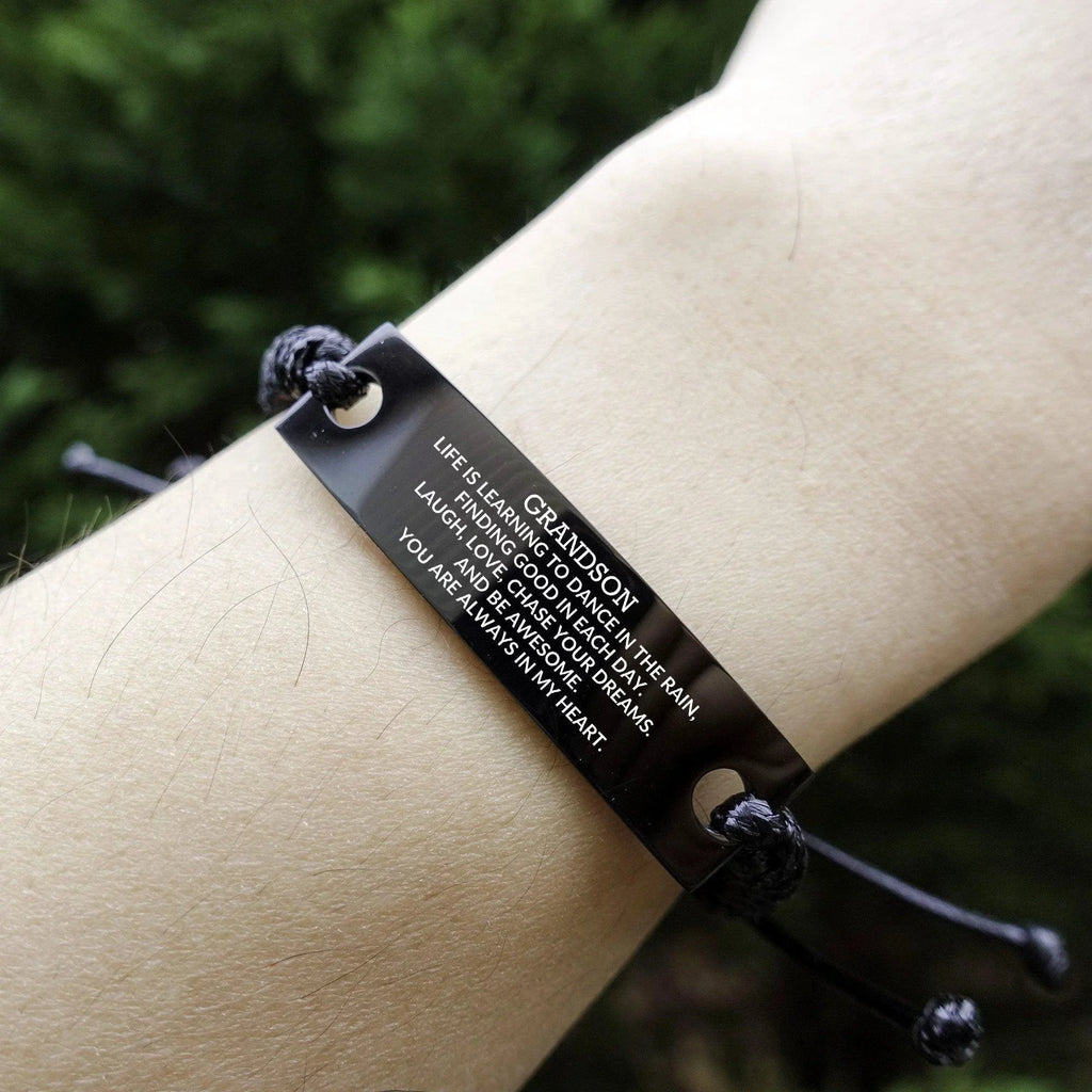 Grandson Engraved Black Rope Bracelet Life is Learning to Dance in the Rain - Birthday, Christmas Holiday Gifts