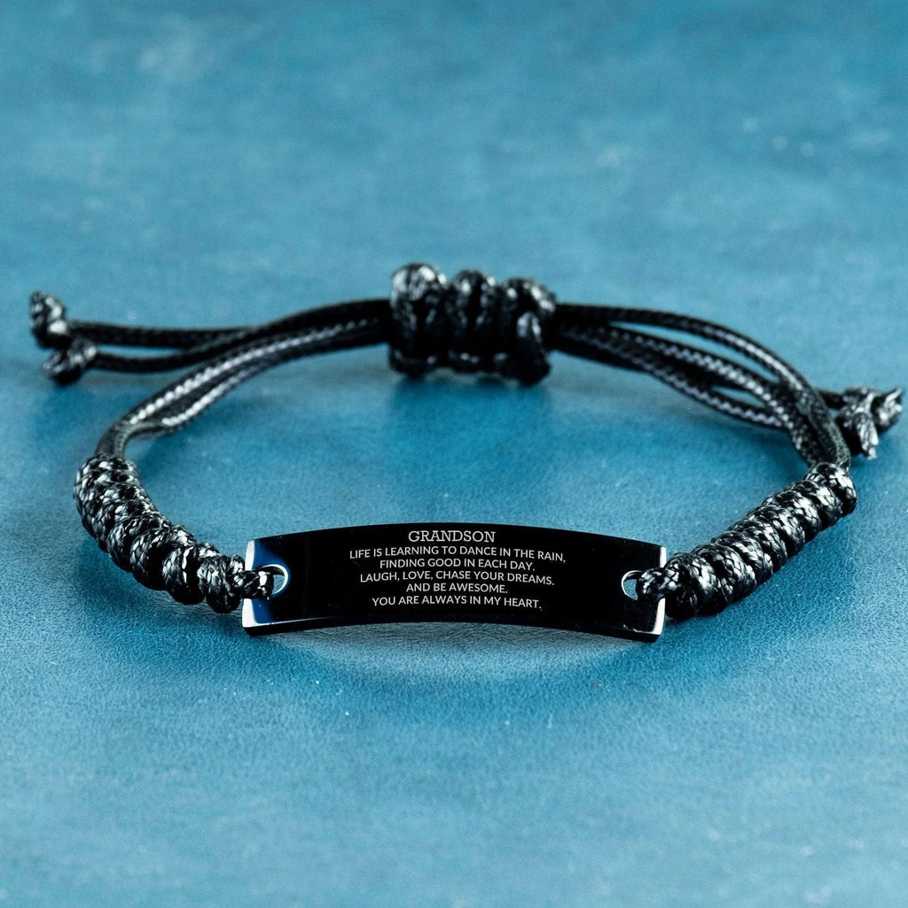 Grandson Engraved Black Rope Bracelet Life is Learning to Dance in the Rain - Birthday, Christmas Holiday Gifts