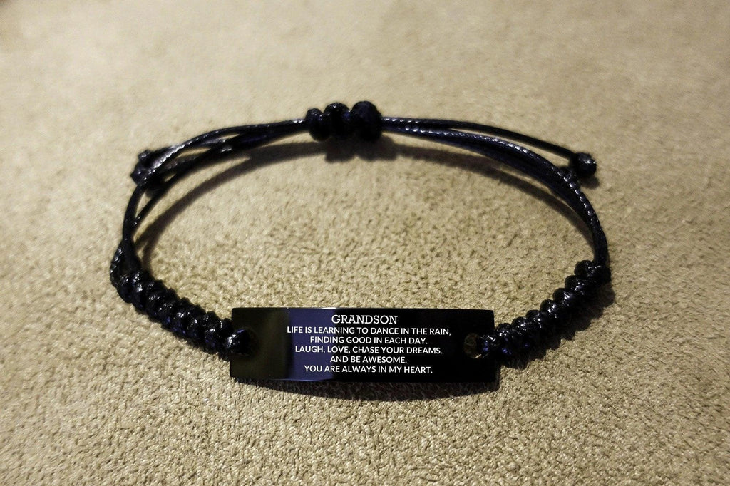 Grandson Engraved Black Rope Bracelet Life is Learning to Dance in the Rain - Birthday, Christmas Holiday Gifts