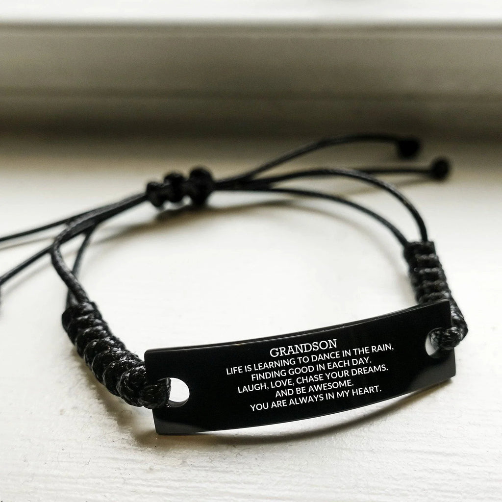 Grandson Engraved Black Rope Bracelet Life is Learning to Dance in the Rain - Birthday, Christmas Holiday Gifts