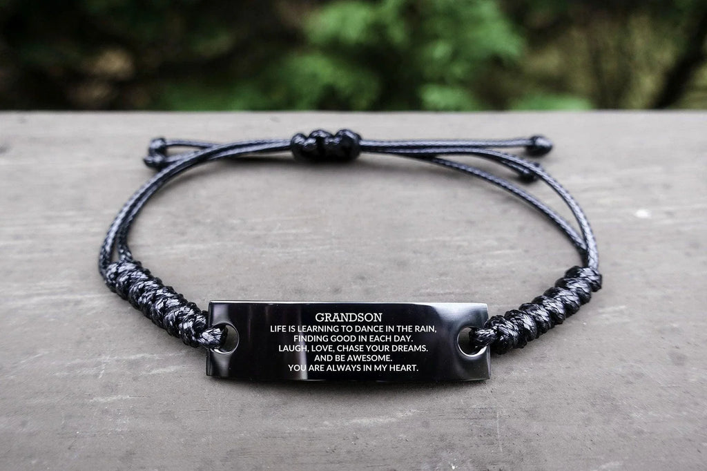 Grandson Engraved Black Rope Bracelet Life is Learning to Dance in the Rain - Birthday, Christmas Holiday Gifts