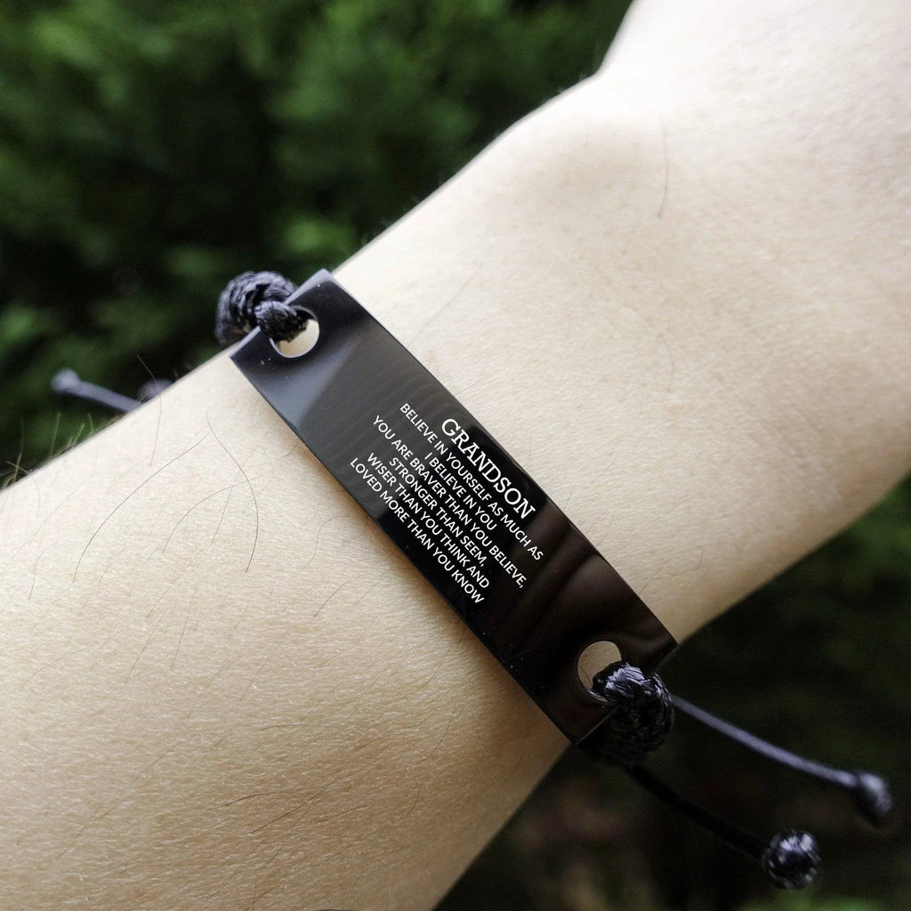 Grandson Engraved Black Rope Bracelet, Motivational Heartfelt Birthday, Christmas Holiday Gifts For Grandson, You are Braver than you Believe, Loved More than you Know