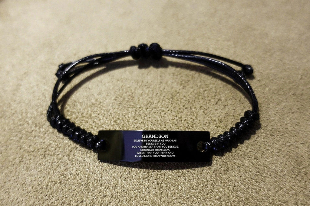 Grandson Engraved Black Rope Bracelet, Motivational Heartfelt Birthday, Christmas Holiday Gifts For Grandson, You are Braver than you Believe, Loved More than you Know
