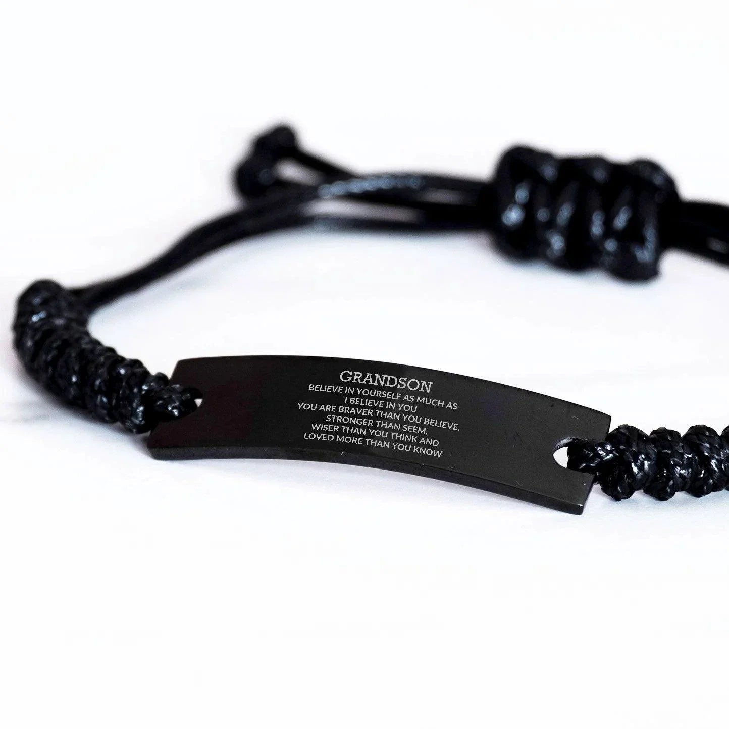 Grandson Engraved Black Rope Bracelet, Motivational Heartfelt Birthday, Christmas Holiday Gifts For Grandson, You are Braver than you Believe, Loved More than you Know