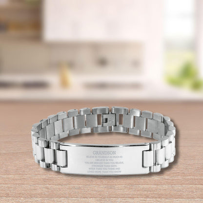 Grandson Engraved Ladder Stainless Steel Bracelet, Motivational Heartfelt Birthday, Christmas Holiday Gifts For Grandson, You are Braver than you Believe, Loved More than you Know - Mallard Moon Gift Shop