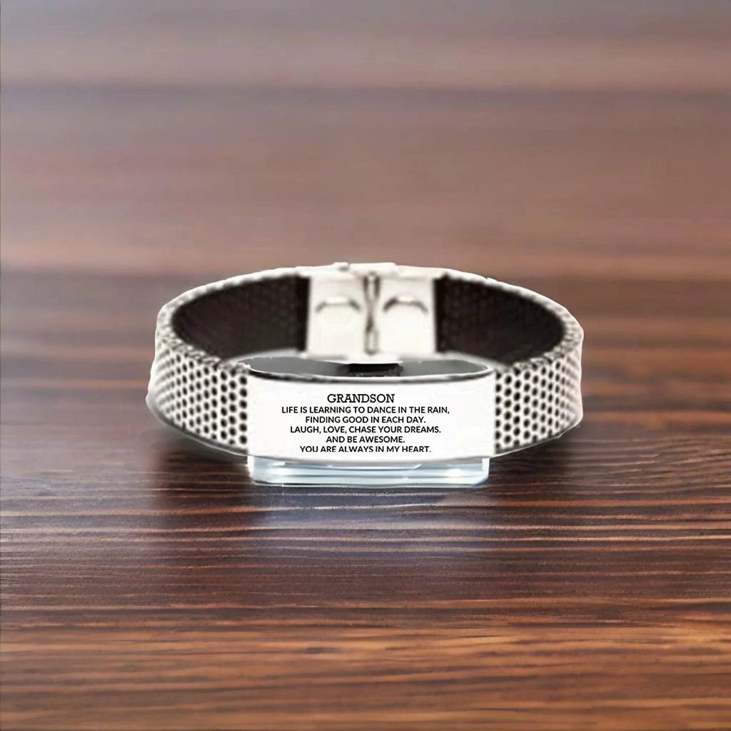 Grandson Engraved Stainless Steel Mesh Bracelet Birthday, Christmas Holiday Gifts Life is Learning to Dance in the Rain