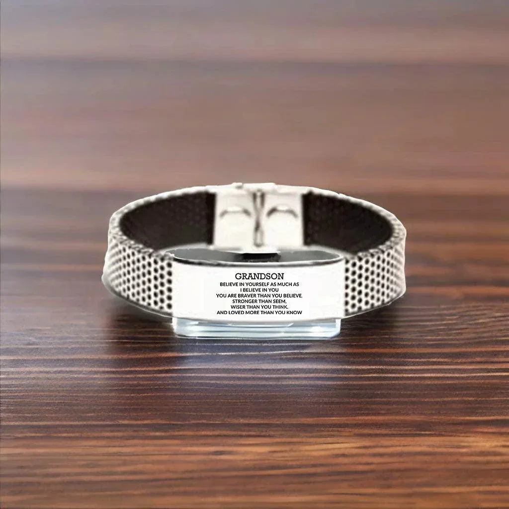 Grandson Engraved Stainless Steel Mesh Bracelet, Motivational Birthday, Christmas Holiday Gifts For Grandson, You are Braver than you Believe, Loved More than you Know