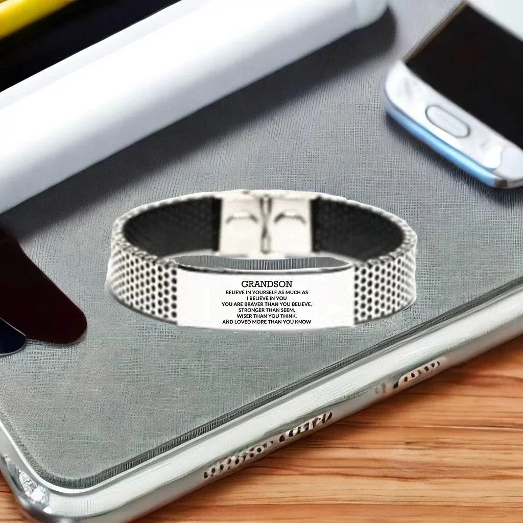 Grandson Engraved Stainless Steel Mesh Bracelet, Motivational Birthday, Christmas Holiday Gifts For Grandson, You are Braver than you Believe, Loved More than you Know