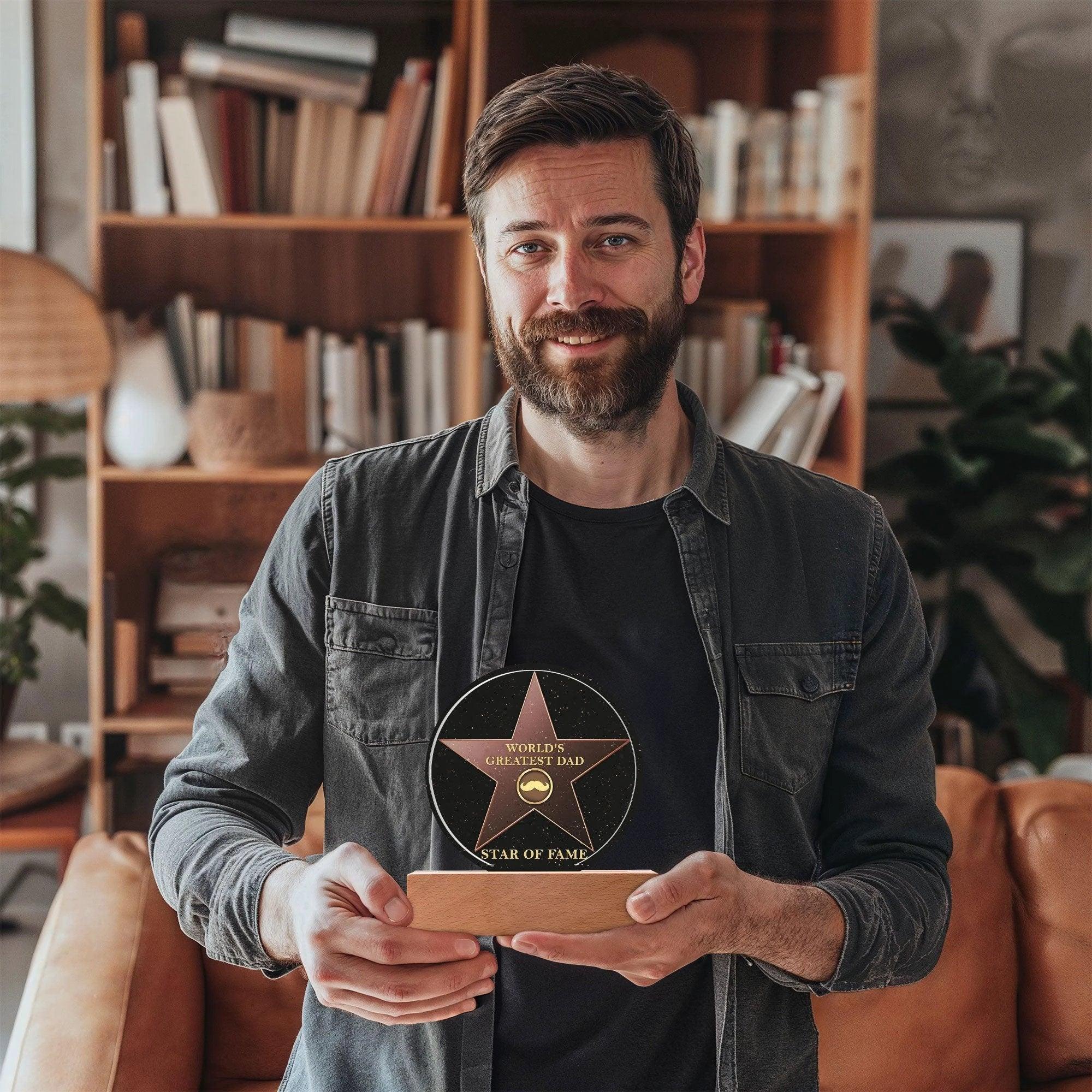 World’s Greatest Dad “Star of Fame” Round Acrylic LED Plaque – Hollywood-Inspired Gift for Father’s Day or Birthday