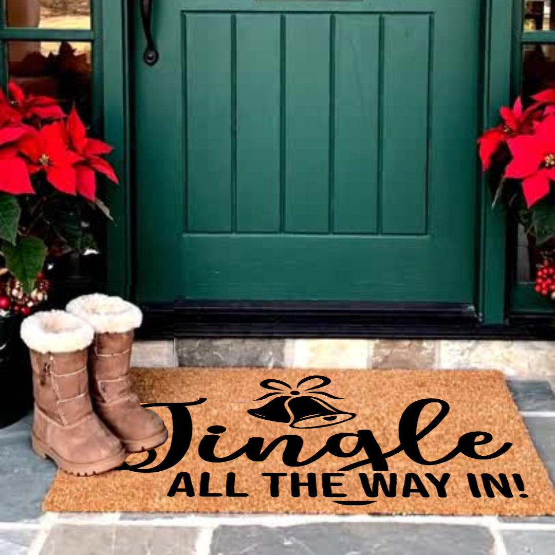Christmas Doormat Jingle All the Way In! Festive Bells Holiday Welcome Mat | Fun Farmhouse Front Porch Décor - Mallard Moon