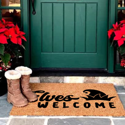 Elves Welcome Christmas Doormat | Whimsical Holiday Coir Welcome Mat with Elf Hat Design | Fun Family Front Porch Décor